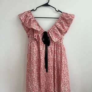 Floral Ruffle Dress with Black Tie